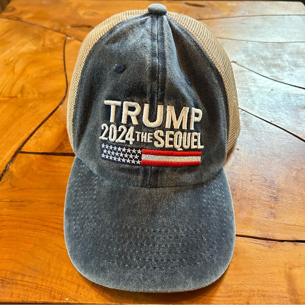 Trump 2024 The Sequel Trucker Hat Adjustable Snap Back Beige Blue American Flag